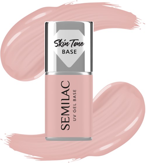 Eine pinke Nagellackflasche mit der Aufschrift 'Semilac UV Gel Base' vor einem weichen rosa Pinselstrich-Hintergrund.