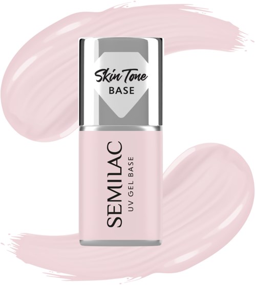 Semilac UV-Gelebase-Flasche mit rosa Hintergrundstrichen. Das Etikett sagt 'Skin Tone Base' und 'UV Gel Base'.
