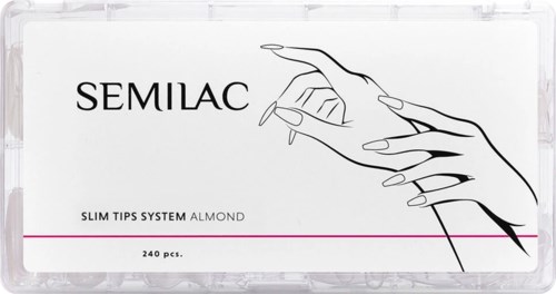 A box with the brand name SEMILAC, a hand illustration, and text about almond tips, containing 240 pieces.