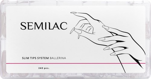 A box labeled SEMILAC with a hand illustration showing slim tips for nail art. Contains 240 pieces.