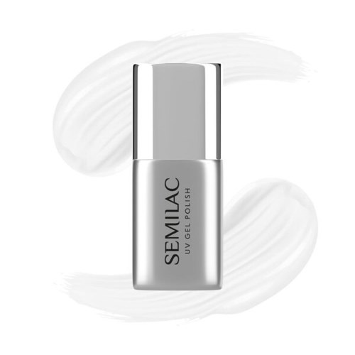 Eine silberne Flasche SEMILAC UV-Gel-Politur mit glänzendem Deckel vor weißem Hintergrund.