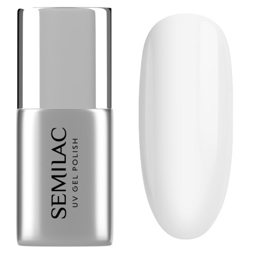A silver bottle of Semilac UV gel polish next to a white nail tip or applicator.