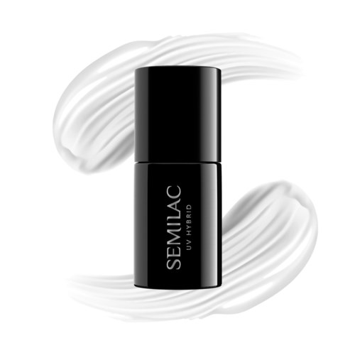 A black cylindrical bottle with white text, surrounded by white cream swirls, labeled 'SEMILAC UV HYBRID'.