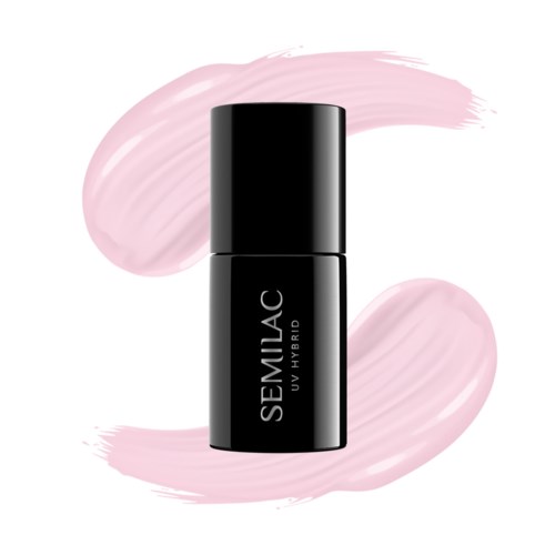 A black bottle labeled 'SEMIAC UV HYBRID' with pink brush strokes behind it.