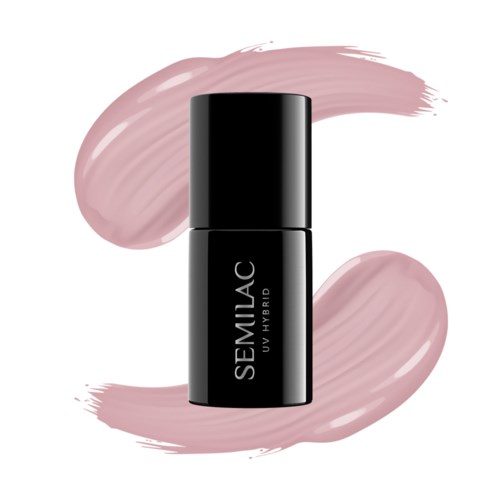 Eine schwarze Flasche mit der Aufschrift "SEMIJAC UV Hybrid" und rosa Pinselstrichen im Hintergrund.