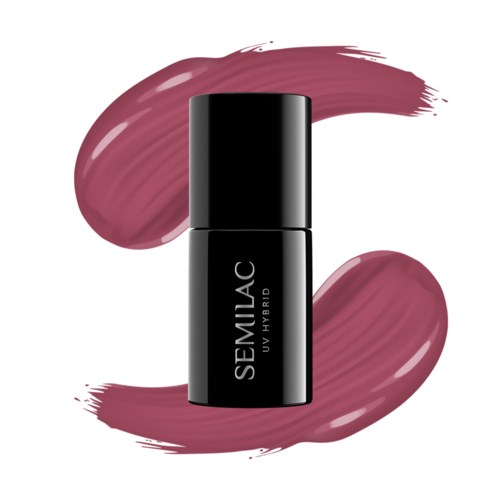 Eine schwarze Flasche mit der Aufschrift 'SEMIJAC UV HYBRID' und pinken Make-up-Strichen im Hintergrund.