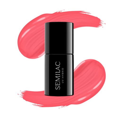 A black bottle labeled "SEMILAC UV Hybrid" with pink brush strokes around it.