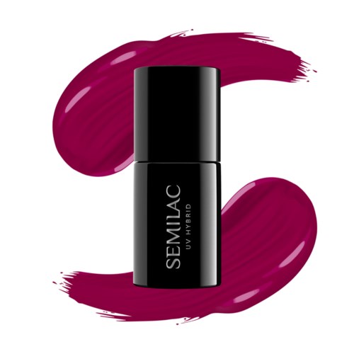 Ein schwarzer Lippenstiftbehälter mit lila Lippenstiftstrichen, beschriftet 'SEMILAC UV HYBRID.'
