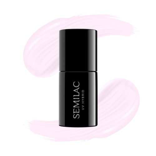 Black cylindrical bottle with 'SEMILAC UV HYBRID' label, on light pink painted background.