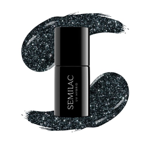 Eine schwarze Nagellackflasche mit weißem Text und glitzerndem schwarzen Wirbel darum.