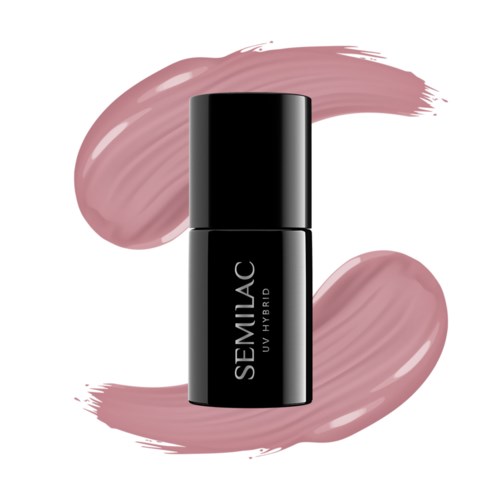 Eine schwarze Flasche mit der Aufschrift SEMILAC UV Hybrid, hinter der Pinselstriche in Rosa-Braun sind.