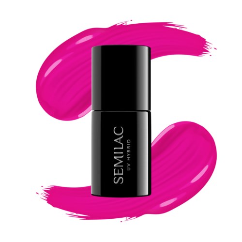 Eine schwarze Flasche mit pinkfarbenen Farbklecksen darum, beschriftet "SEMILAC UV HYBRID".