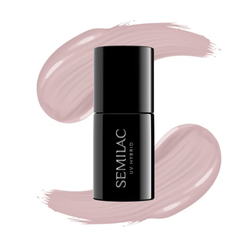 Eine schwarze Flasche mit der Aufschrift 'SEMILAC UV HYBRID' und rosa Schweife darum.