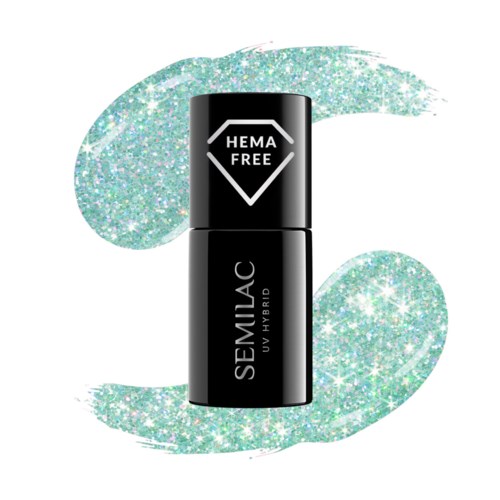 Eine schwarze Nagellackflasche mit der Aufschrift "SEMIJAC UV HYBRID" vor einem glitzernden Hintergrund und einem "HEMA FREE" Logo.