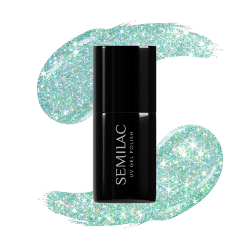 Eine schwarze Flasche UV-Gel-Nagellack mit funkelndem Hintergrund.