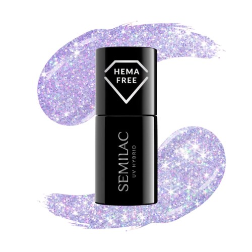Eine schwarze Nagellackflasche mit weißen Text, auf einem glitzernden lila Hintergrund, beschriftet "HEMA FREE".