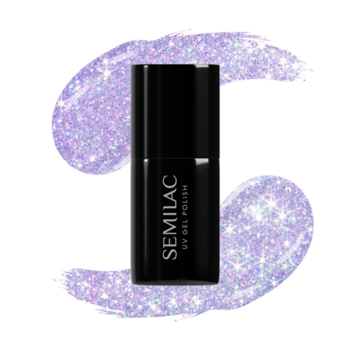 Eine schwarze Flasche SEMILAC UV-Gel-Lack mit glitzerndem lila Hintergrund.