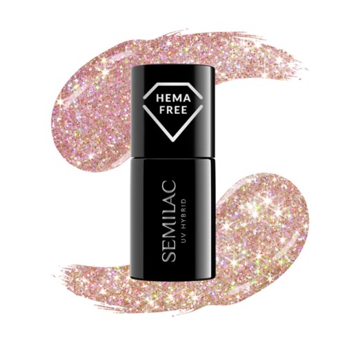 En svart nagellackflaska märkt "SEMIJAC UV HYBRID" med glitterig rosa bakgrund.