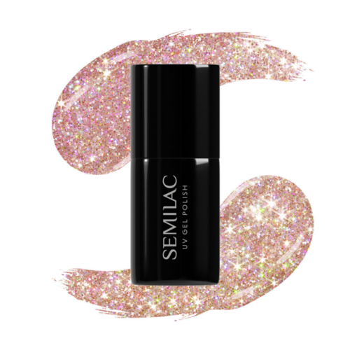 En svart flaska med SEMILAC UV-gel för nagellack med rosa glitterbakgrund.