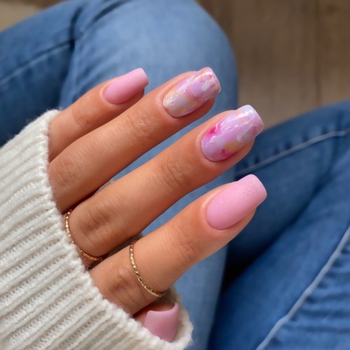 Dekorative Nägel mit rosa, lila und weißen Mustern, eine einfarbige rosa Nagel, gehalten von einer Hand mit Ringen.