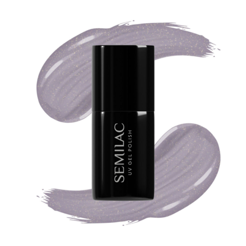 Eine schwarze Flasche SEMILAC UV-Gel-Lack mit lila Pinsel im Hintergrund.