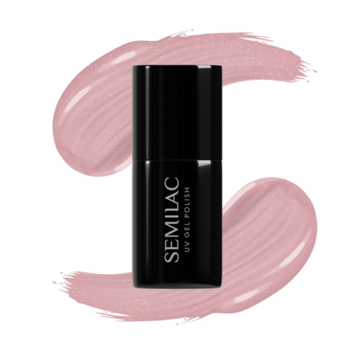 Svart nagellackflaska med texten 'SEMILAC UV GEL POLISH' på, omgiven av rosa penseldrag.