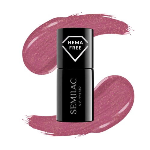 Svart flaska med texten 'SEMIJAC' och 'UV HYBRID', omgiven av rosa nagellacksstreck.