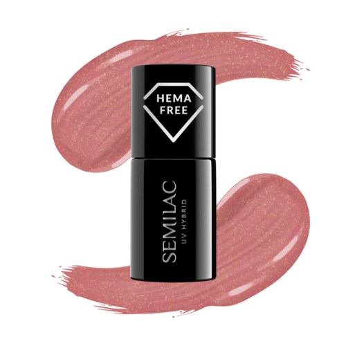 A black lipstick tube with text, placed on pink brush strokes background. It says "SEMIJAC UV HYBRID" and "HEMA FREE."