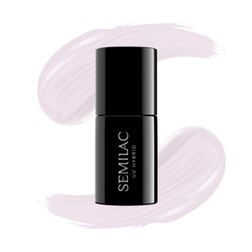 En svart flaska märkt 'SEMILAC UV HYBRID' med ljuslila streck i bakgrunden.