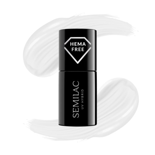 En svart kosmetikbehållare märkt 'SEMIJAC UV HYBRID' med 'HEMA FREE' märkning ovanpå, mot vita penseldrag.