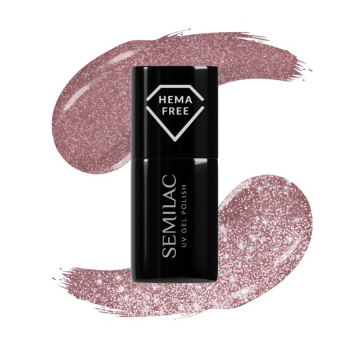 Black nail polish bottle with pink swirls in background, labeled 'Semilac UV Gel Polish'.