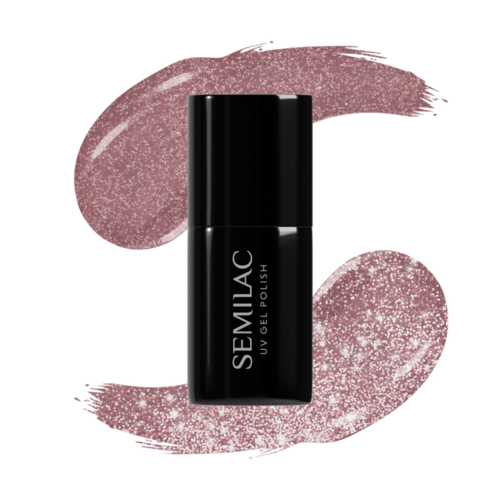 A black bottle of SemiLac UV Gel Polish placed on a pink glittery background.