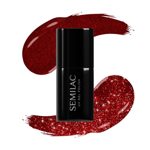 Eine schwarze Nagellackflasche mit roten Glitter- und glänzenden Lippenstiftspuren darum.