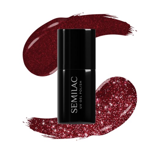 Eine schwarze Flasche mit der Aufschrift 'SEMILAC UV GEL POLISH' und roten Glitzern und Strudeln um sie herum.