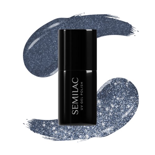 The image shows a black bottle of SEMILAC UV gel polish with sparkly blue nail polish swatches.