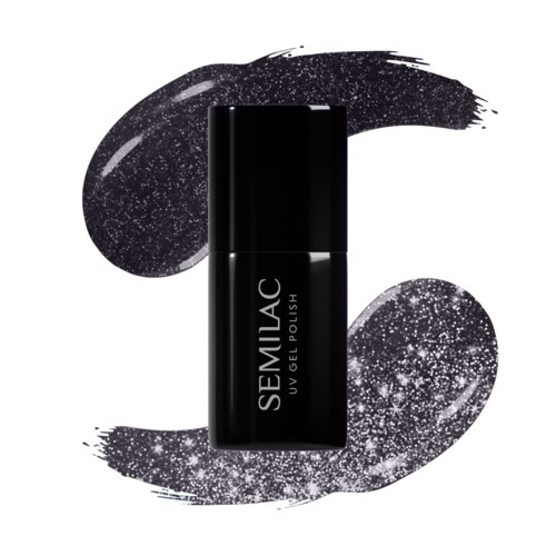 Black nail polish bottle with white glittery streaks and background. Text reads 'SEMILAC UV GEL POLISH.'