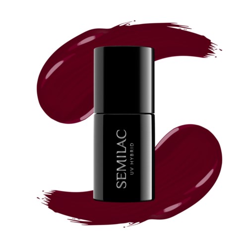 A black bottle with the words "SEMILAC UV HYBRID," surrounded by dark red brushstrokes.
