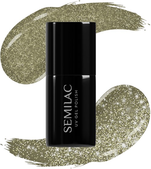 Eine schwarze Flasche SEMILAC UV-Gel-Nagellack vor einem glitzernden goldenen Hintergrund.
