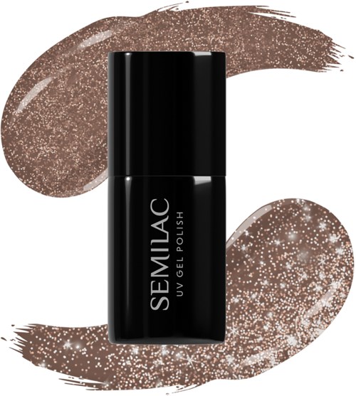 Eine schwarze Flasche SEMILAC UV-Gel-Nagellack mit braunen Glitzern im Hintergrund.