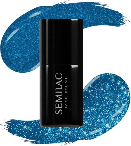 Eine schwarze Nagellackflasche mit dem Namen 'SEMLAC' und 'UV GEL POLISH' darauf, umgeben von blauen Glitzern.