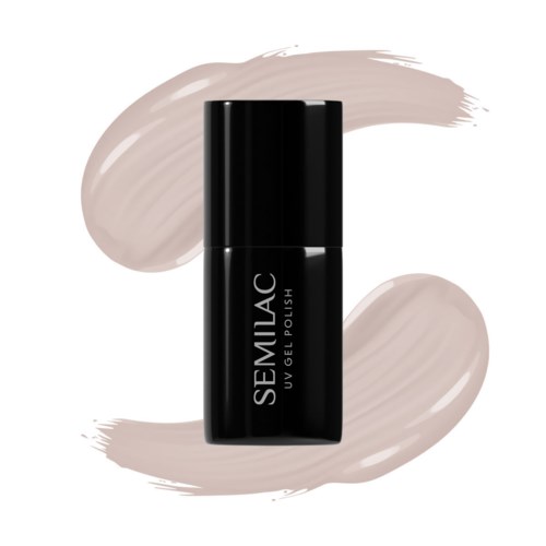 En svart flaska märkt SEMILAC UV-gelnagellack med beige penseldrag i bakgrunden.
