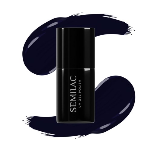 Schwarze Nagellackflasche umgeben von dunklen marineblauen Pinselstrichen, beschriftet "SEMIAC UV GEL POLISH."