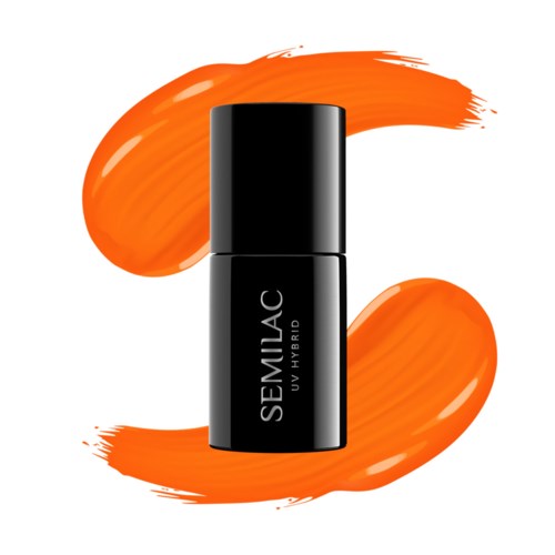 En svart flaska med 'SEMILAC UV HYBRID' på, omgiven av orange borststreck.