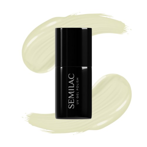 Eine schwarze Flasche Semilac UV-Gel-Nagellack mit hellgrünen Pinselstrichen im Hintergrund.