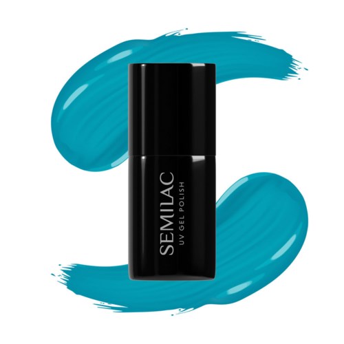 Eine schwarze Flasche SEMILAC UV-Gel-Nagellack mit blauen Farbklecksen darum.