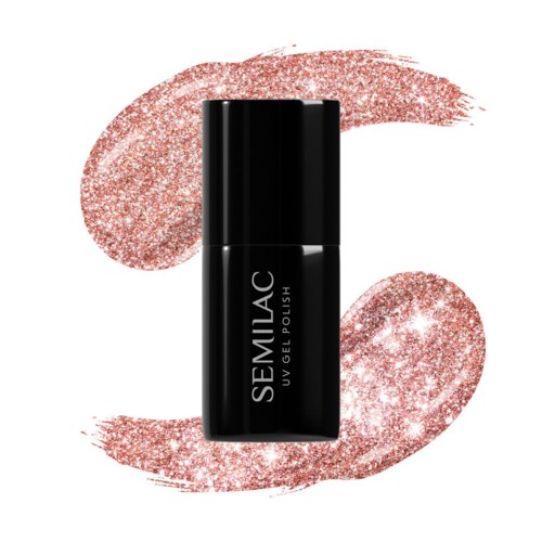 A black bottle labeled 'SEMILAC UV Gel Polish' surrounded by glittery pink brush strokes.