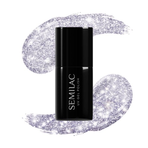 Black nail polish bottle with 'SEMILAC UV GEL POLISH' text on it, surrounded by glittery silver background.