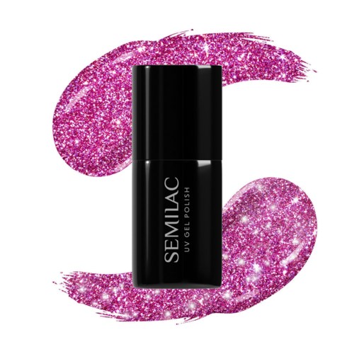 En svart nagellackflaska med rosa glitterbakgrund och svängar, märkt 'SEMIAC UV GEL POLISH.'