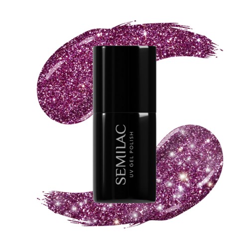 Eine schwarze Flasche SEMILAC-Gel-Politur, umgeben von pinken Glitzerspuren.