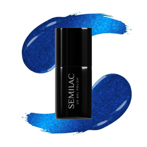 Svart nagellackflaska med blå malestråk runtom, märkt 'SEMILAC UV GEL POLISH.'